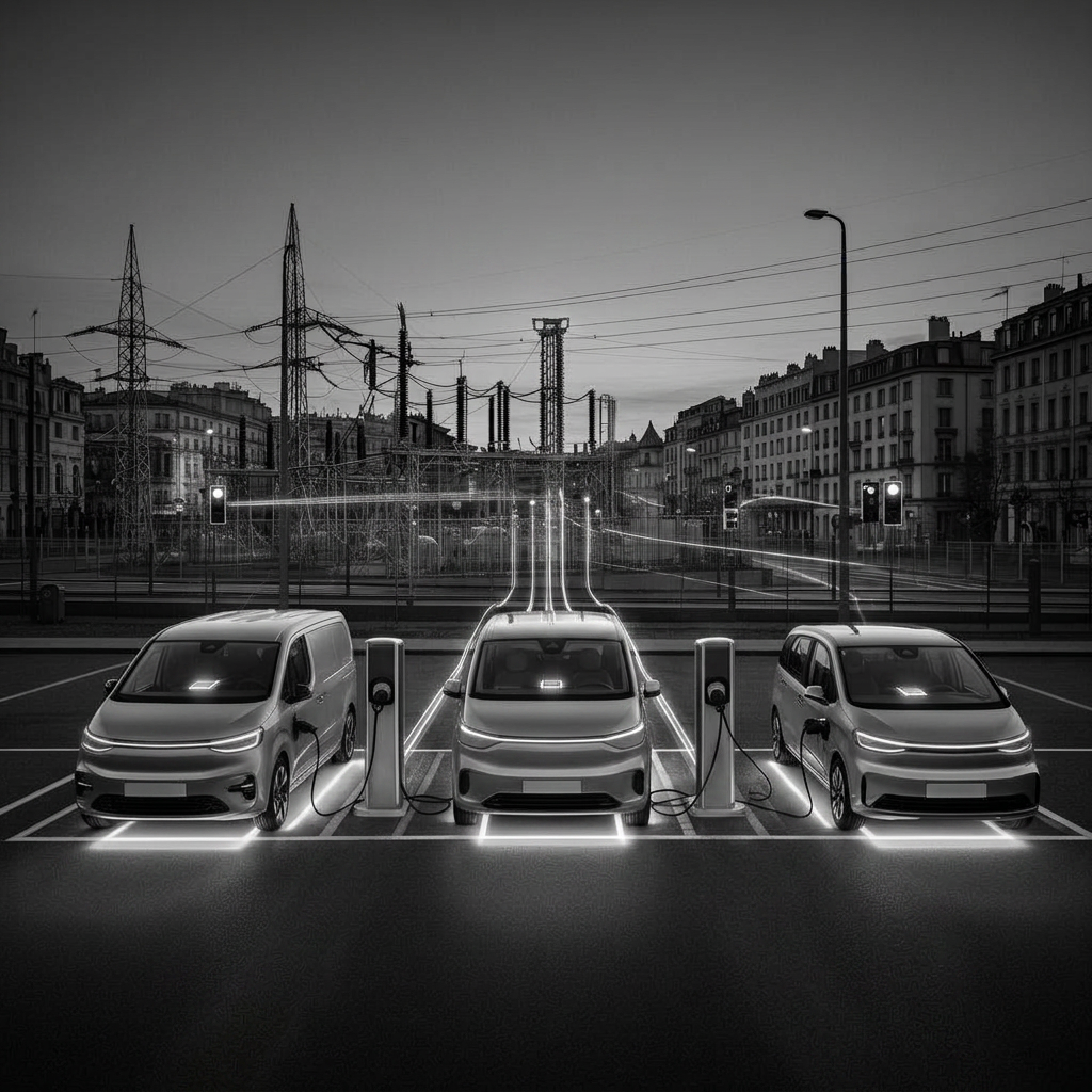 Three electric fleet vehicles plugged into chargers, connecting their stored energy and onboard computing to a European city's power grid and local services